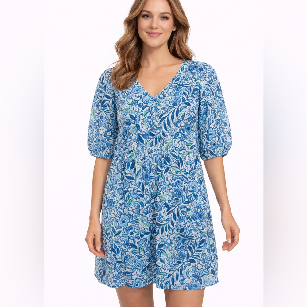 NWT Stella Parker Size Medium Puff Sleeve Floral Blue and Green Women's Dress